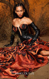 MNM Couture Style F02952 gown with a leather corset bodice, deep V mesh neckline and flowing chiffon skirt with slit. | Couture Shop LA