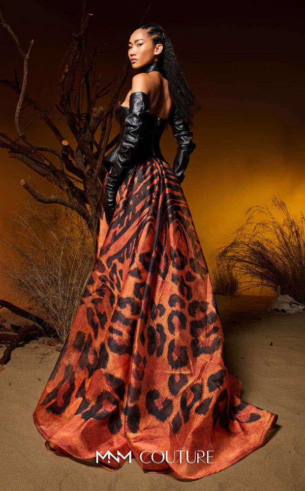 MNM Couture Style F02952: Leather Corset Gown with Chiffon Skirt and Gloves