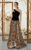 Asymmetrical tiger velvet and metallic chiffon bespoke evening wear MNM Couture F02953A