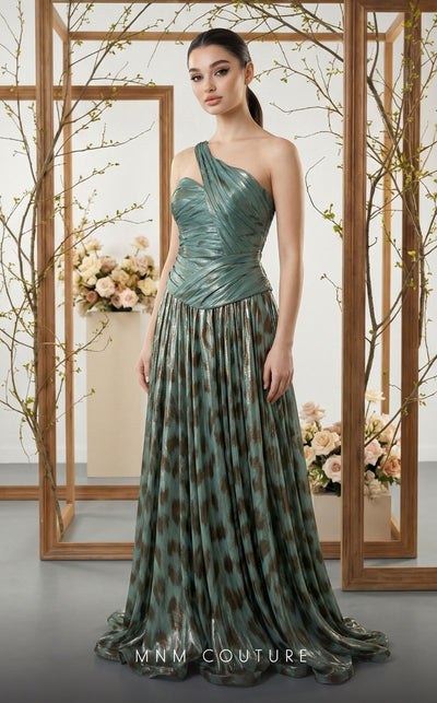 Asymmetrical tiger velvet and metallic chiffon bespoke evening wear MNM Couture F02953A