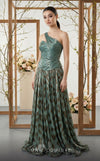 Asymmetrical tiger velvet and metallic chiffon bespoke evening wear MNM Couture F02953A