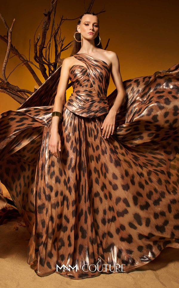 Metallic chiffon one-shoulder haute couture A-line dress MNM Couture F02953