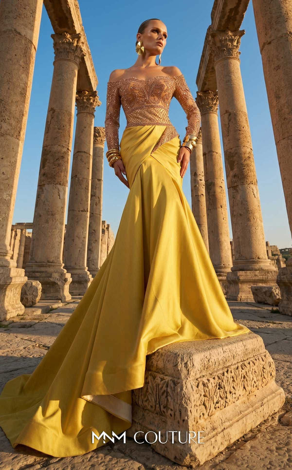 MNM Couture F02957 mesh and satin mermaid gown with beaded nude illusion bodice, sweetheart neckline, off-shoulder sleeves, and pleated satin train | Couture Shop LA.