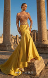 MNM Couture F02957 mesh and satin mermaid gown with beaded nude illusion bodice, sweetheart neckline, off-shoulder sleeves, and pleated satin train | Couture Shop LA.
