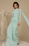 Mint pleated chiffon luxury gala gown with woven florals MNM Couture F02962