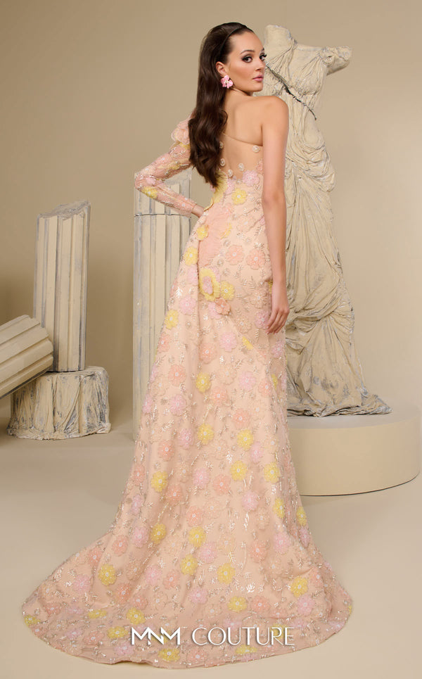 Pink embroidered tulle haute couture mermaid dress with 3D flower MNM Couture F02966