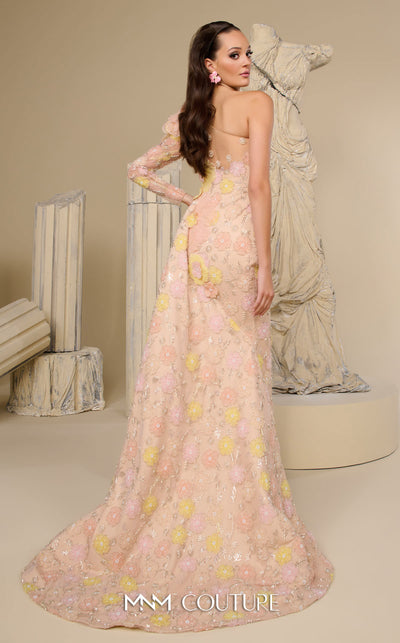 Pink embroidered tulle haute couture mermaid dress with 3D flower MNM Couture F02966