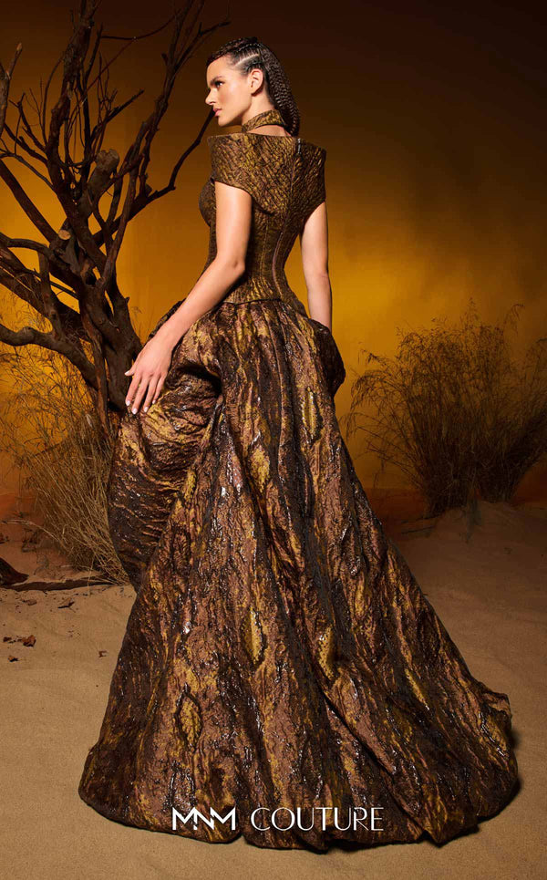 Brown metallic jacquard haute couture gown with choker detail MNM Couture F02971