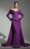 Off-shoulder crepe peplum bespoke evening wear with double skirt MNM Couture F02972A