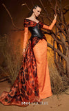 Off-shoulder faux-leather and animal-print chiffon luxury gala gown MNM Couture F02972