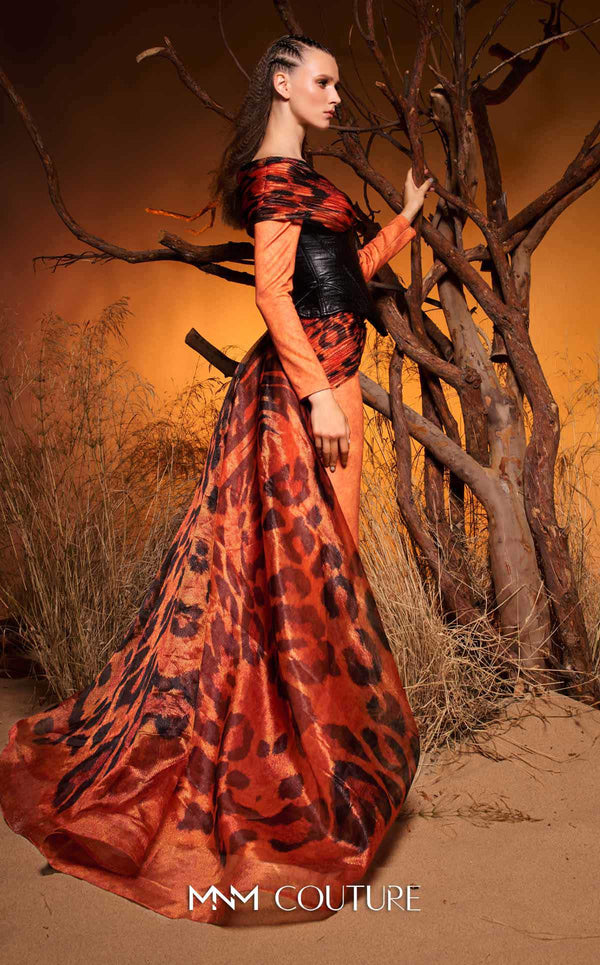 Off-shoulder faux-leather and animal-print chiffon luxury gala gown MNM Couture F02972