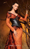 Off-shoulder faux-leather and animal-print chiffon luxury gala gown MNM Couture F02972