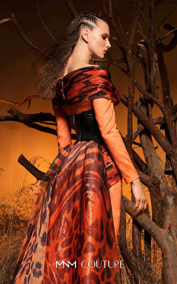 Off-shoulder faux-leather and animal-print chiffon luxury gala gown MNM Couture F02972