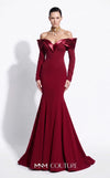MNM Couture F02973A crepe and satin off-shoulder mermaid gown with sweetheart neckline, pleated draped satin sleeves, and dramatic train | Couture Shop LA.