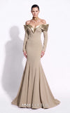 MNM Couture F02973A crepe and satin off-shoulder mermaid gown with sweetheart neckline, pleated draped satin sleeves, and dramatic train | Couture Shop LA.