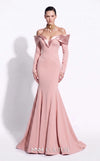 MNM Couture F02973A crepe and satin off-shoulder mermaid gown with sweetheart neckline, pleated draped satin sleeves, and dramatic train | Couture Shop LA.