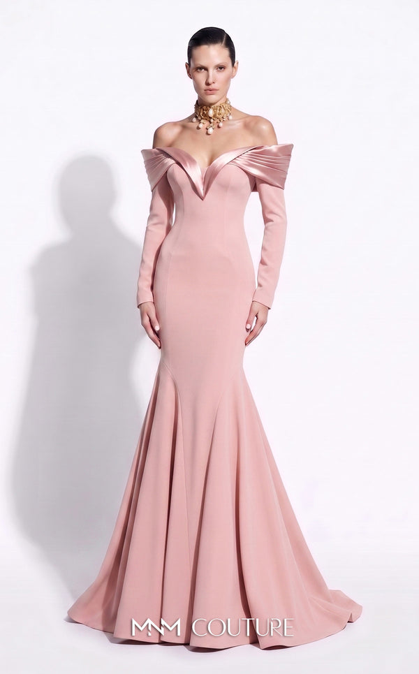 MNM Couture F02973A crepe and satin off-shoulder mermaid gown with sweetheart neckline, pleated draped satin sleeves, and dramatic train | Couture Shop LA.