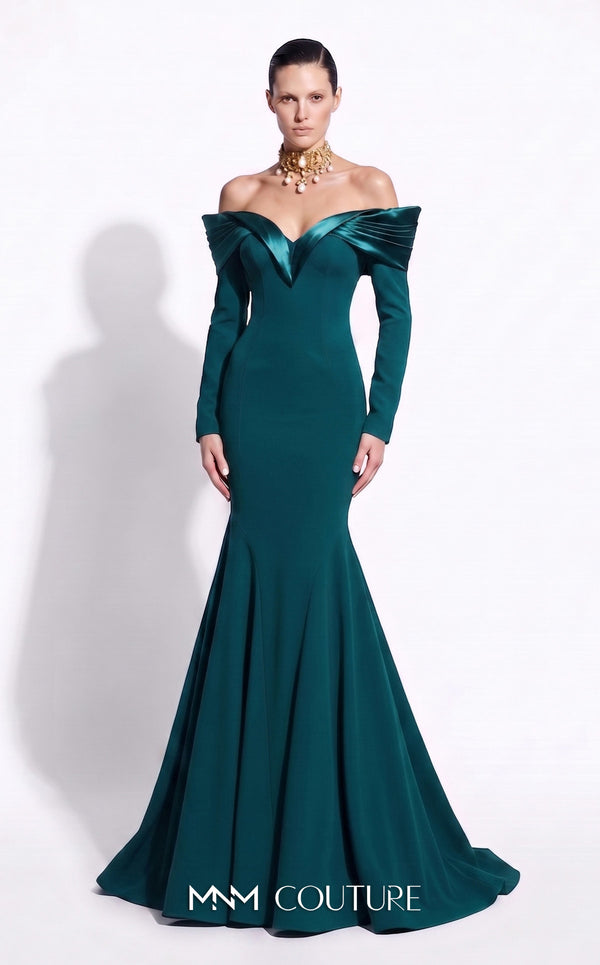 MNM Couture F02973A crepe and satin off-shoulder mermaid gown with sweetheart neckline, pleated draped satin sleeves, and dramatic train | Couture Shop LA.