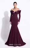 MNM Couture F02973A crepe and satin off-shoulder mermaid gown with sweetheart neckline, pleated draped satin sleeves, and dramatic train | Couture Shop LA.