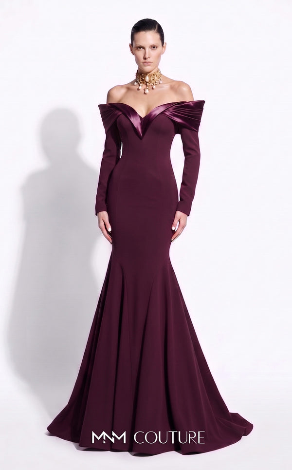 MNM Couture F02973A crepe and satin off-shoulder mermaid gown with sweetheart neckline, pleated draped satin sleeves, and dramatic train | Couture Shop LA.
