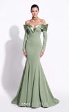 MNM Couture F02973A crepe and satin off-shoulder mermaid gown with sweetheart neckline, pleated draped satin sleeves, and dramatic train | Couture Shop LA.