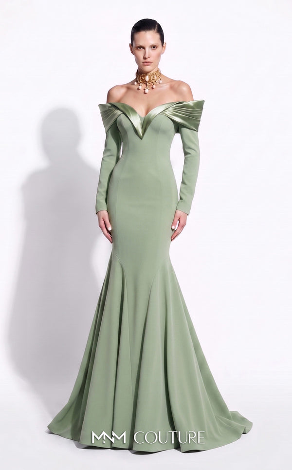 MNM Couture F02973A crepe and satin off-shoulder mermaid gown with sweetheart neckline, pleated draped satin sleeves, and dramatic train | Couture Shop LA.