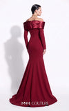 MNM Couture F02973A crepe and satin off-shoulder mermaid gown with sweetheart neckline, pleated draped satin sleeves, and dramatic train | Couture Shop LA.