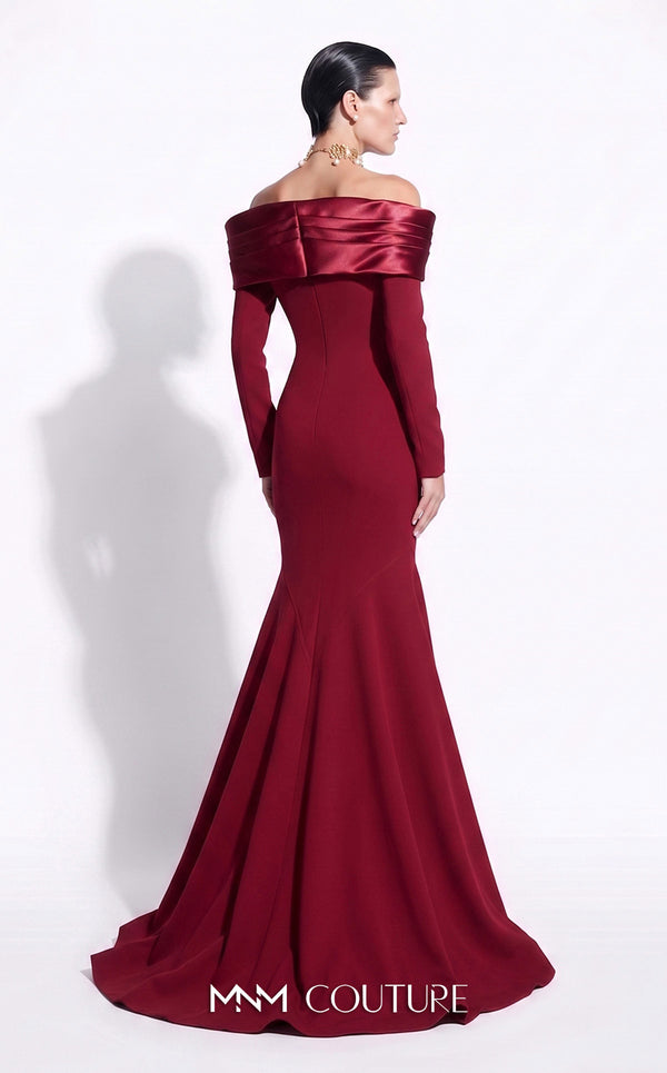 MNM Couture F02973A crepe and satin off-shoulder mermaid gown with sweetheart neckline, pleated draped satin sleeves, and dramatic train | Couture Shop LA.