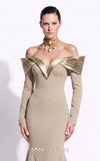 MNM Couture F02973A crepe and satin off-shoulder mermaid gown with sweetheart neckline, pleated draped satin sleeves, and dramatic train | Couture Shop LA.