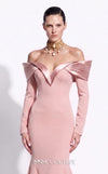 MNM Couture F02973A crepe and satin off-shoulder mermaid gown with sweetheart neckline, pleated draped satin sleeves, and dramatic train | Couture Shop LA.