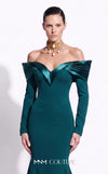 MNM Couture F02973A crepe and satin off-shoulder mermaid gown with sweetheart neckline, pleated draped satin sleeves, and dramatic train | Couture Shop LA.