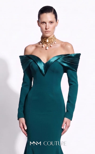 MNM Couture F02973A crepe and satin off-shoulder mermaid gown with sweetheart neckline, pleated draped satin sleeves, and dramatic train | Couture Shop LA.