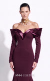 MNM Couture F02973A crepe and satin off-shoulder mermaid gown with sweetheart neckline, pleated draped satin sleeves, and dramatic train | Couture Shop LA.