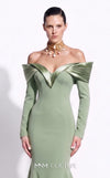 MNM Couture F02973A crepe and satin off-shoulder mermaid gown with sweetheart neckline, pleated draped satin sleeves, and dramatic train | Couture Shop LA.