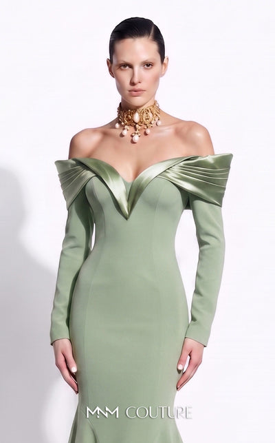 MNM Couture F02973A crepe and satin off-shoulder mermaid gown with sweetheart neckline, pleated draped satin sleeves, and dramatic train | Couture Shop LA.