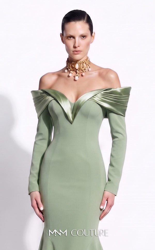MNM Couture F02973A crepe and satin off-shoulder mermaid gown with sweetheart neckline, pleated draped satin sleeves, and dramatic train | Couture Shop LA.
