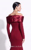 MNM Couture F02973A crepe and satin off-shoulder mermaid gown with sweetheart neckline, pleated draped satin sleeves, and dramatic train | Couture Shop LA.