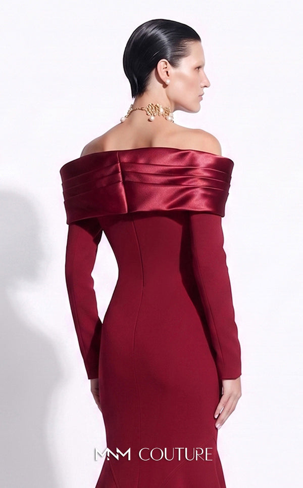 MNM Couture F02973A crepe and satin off-shoulder mermaid gown with sweetheart neckline, pleated draped satin sleeves, and dramatic train | Couture Shop LA.