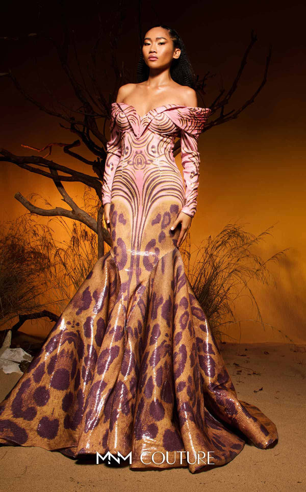 Pink sequined jacquard haute couture mermaid dress with multi-print skirt MNM Couture F02973