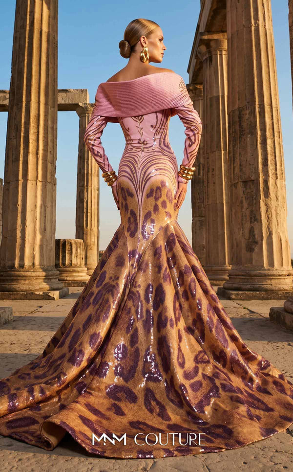 Pink sequined jacquard haute couture mermaid dress with multi-print skirt MNM Couture F02973