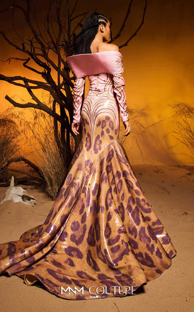 Pink sequined jacquard haute couture mermaid dress with multi-print skirt MNM Couture F02973