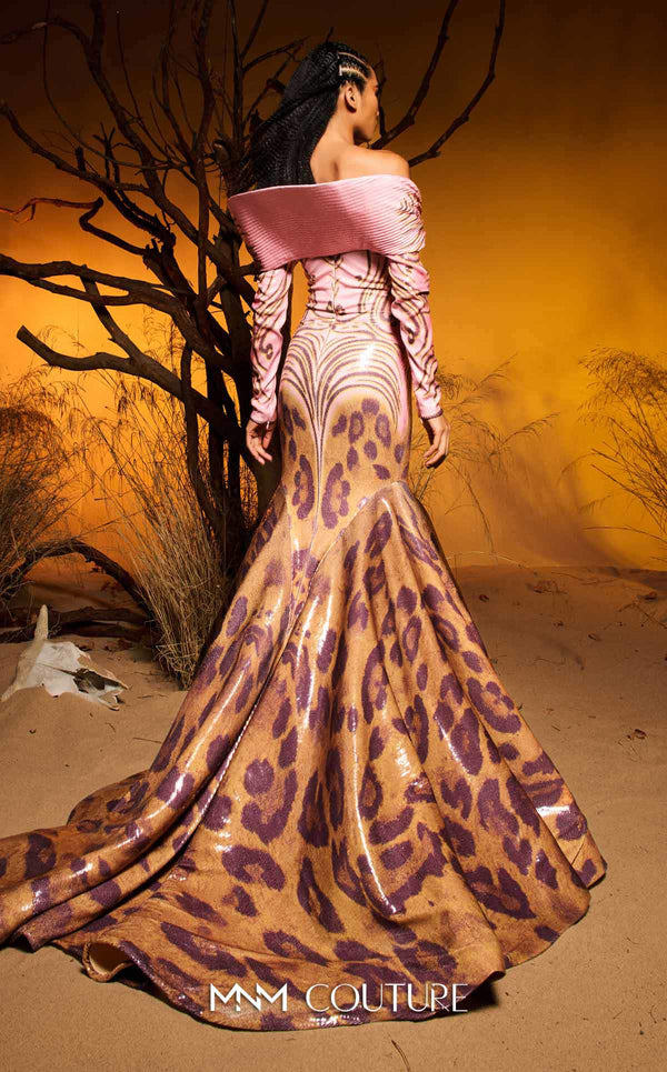 Pink sequined jacquard haute couture mermaid dress with multi-print skirt MNM Couture F02973
