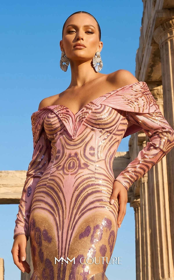 Pink sequined jacquard haute couture mermaid dress with multi-print skirt MNM Couture F02973