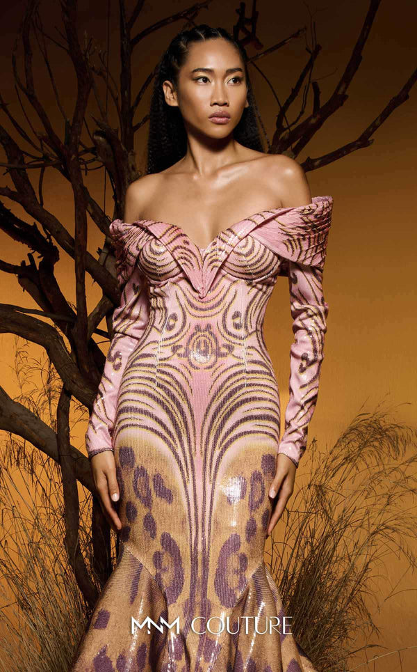 Pink sequined jacquard haute couture mermaid dress with multi-print skirt MNM Couture F02973