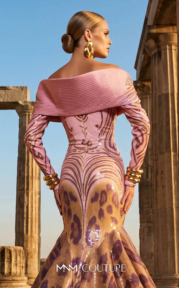 Pink sequined jacquard haute couture mermaid dress with multi-print skirt MNM Couture F02973
