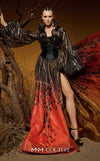 Satin and sheer organza bespoke evening wear with bishop sleeves MNM Couture F02979