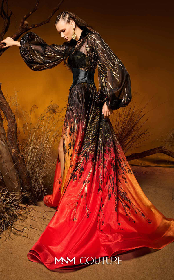 Satin and sheer organza bespoke evening wear with bishop sleeves MNM Couture F02979