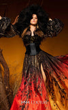 Satin and sheer organza bespoke evening wear with bishop sleeves MNM Couture F02979
