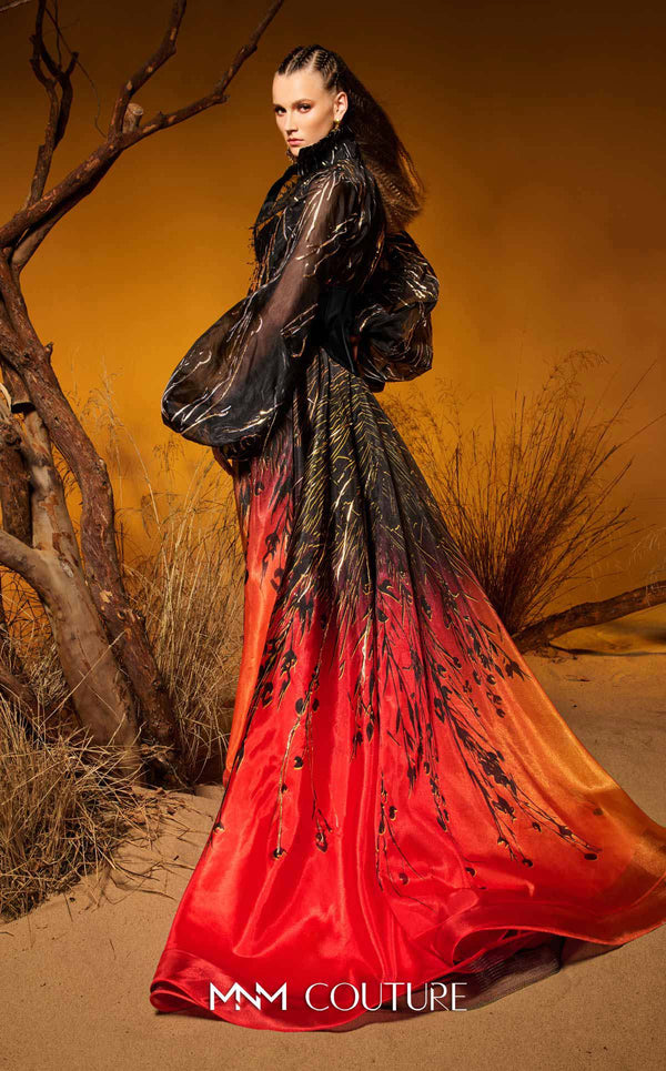 Satin and sheer organza bespoke evening wear with bishop sleeves MNM Couture F02979
