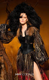 Satin and sheer organza bespoke evening wear with bishop sleeves MNM Couture F02979